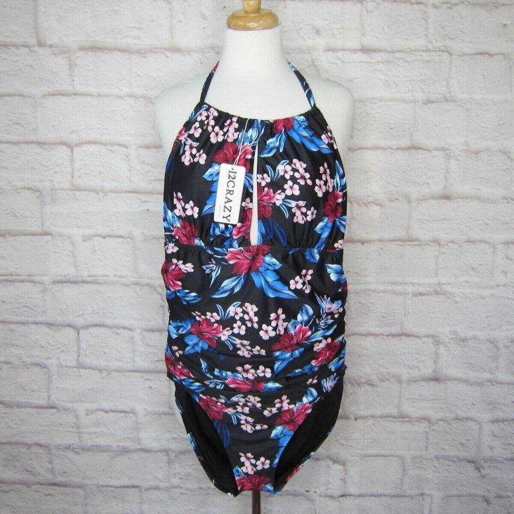 I2CRAZY Black Floral One Piece Swimsuit Tummy Control Halter Top size XL New!